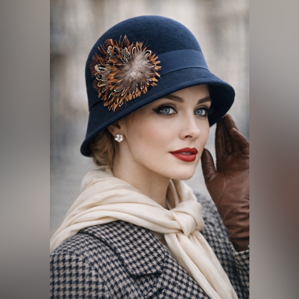 Jessica Navy Cloche Hat with Feather Detail
